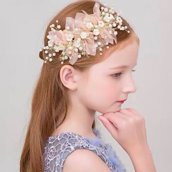 ヘッドドレス キッズヘアアクセサリー リーフ お花 フェイクパール 髪飾り キッズ 子供 発表会 パーティー