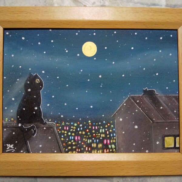 【匿名配送】絵画 「凍える夜」 2Lサイズ額つきさ