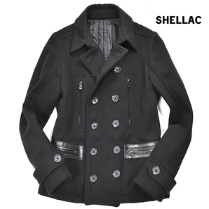 【定価7万】 美品 シェラック SHELLAC オーラ抜群◎!! 牛革切替 メルトン Pコート 44 メンズS 黒 ブラック カウレザー