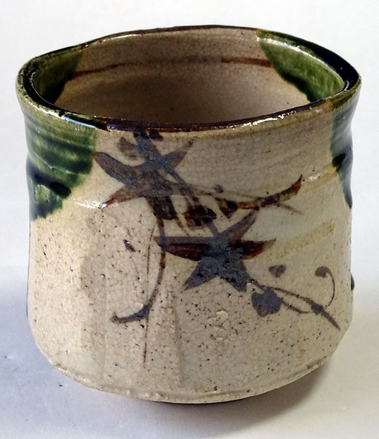 茶道具 古陶磁 織部 火入 青織部 筒 高10.5cm(K-LC570)