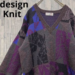 design Knit デザインニット 柄ニット セーター 総柄 個性派 リーフ柄 花柄 アート柄 長袖 サイズM ウール レトロ 短丈 UOMO Vネック