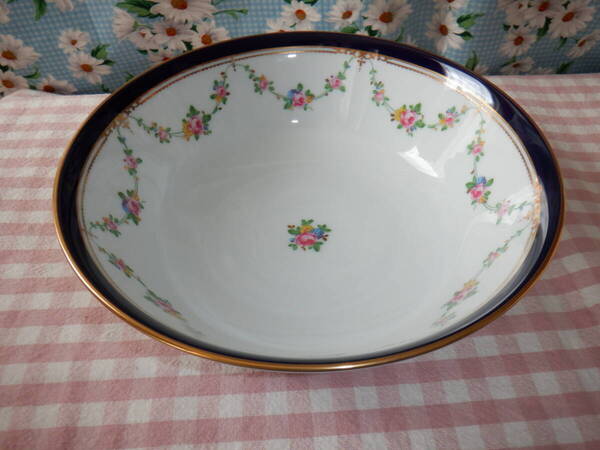 E1 NORITAKE『ノリタケ(コンテンポラリー)★金彩 ネイビー色の縁取りにピンク色の小花柄のボウル 盛鉢』~箱なし