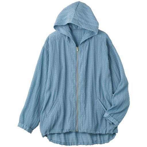 ★国内匿配★新品 可愛い便利 お尻すっぽり 後ろ長丈 LL 袖口ゴム入 シアーシャーリング 紫外線 冷房対策 パーカージャケット 水色 ブルー