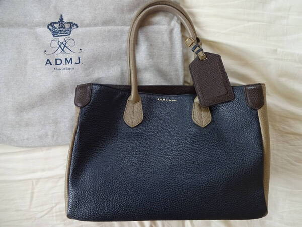 美品* A.D.M.J/エーディーエムジェイ アクセソワ*ハンドバッグ*トートバッグ*ネイビー×ブラウン×ベージュ/ADMJ レザー