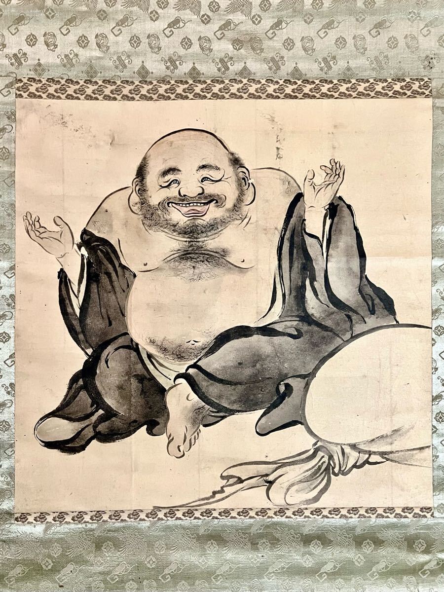 真作/狩野探淵/寿老人唐子図/桐箱二重箱付/布袋屋掛軸HD-884 真作/狩野探淵/寿老人唐子図/桐箱二重箱付/布袋屋掛軸