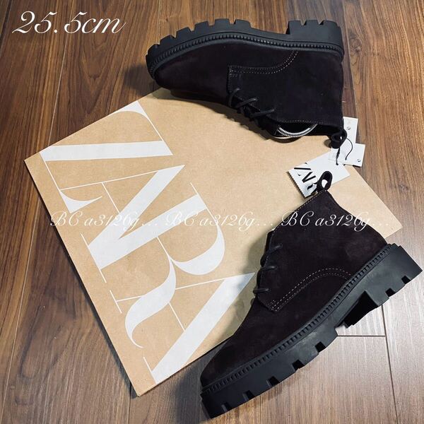 新品 ZARA 100%牛革 LEATHER BOOTS 25.5cm 39 BROWN メンズ ザラ レザー 3アイレット ブーツ シューズ 厚底 タグ付き