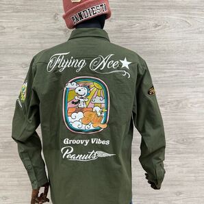 スヌ-ピ-×フラッグスタッフモータ-サイクル ししゅうミリタリーシャツ 長袖 M SNOOPY PEANUTS ウッドストック アメリカンバイク