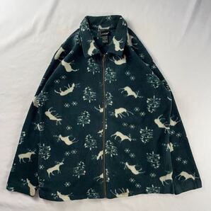 Euro Vintage ロシア製 90s LAVON ポリエステル アニマル柄 トナカイ スノーフレーク エスニック 深緑 グリーン 総柄 フリース ジャケット