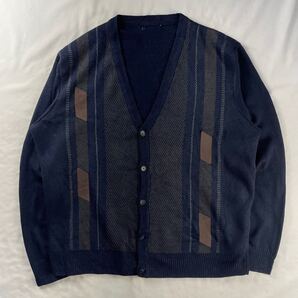US Vintage ARNOLD PALMER アクリル100% くすみカラー スエードレザーパッチ バーズアイ 幾何学模様 アート 総柄 カーディガン
