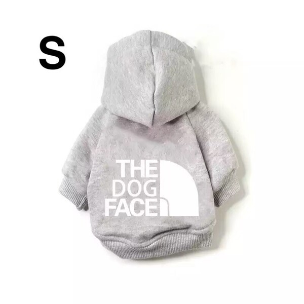 暖かい裏起毛♪ドッグフェイス犬服パーカーペット用洋服グレーSサイズ白文字!