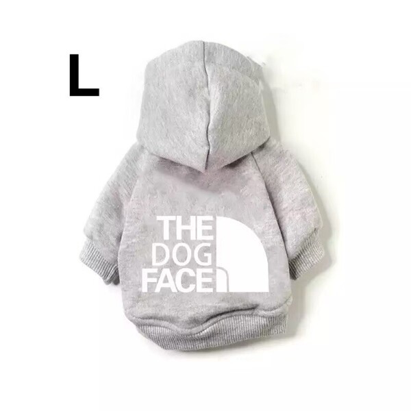 暖かい裏起毛♪ドッグフェイス犬服パーカーペット用洋服グレーLサイズ白文字!