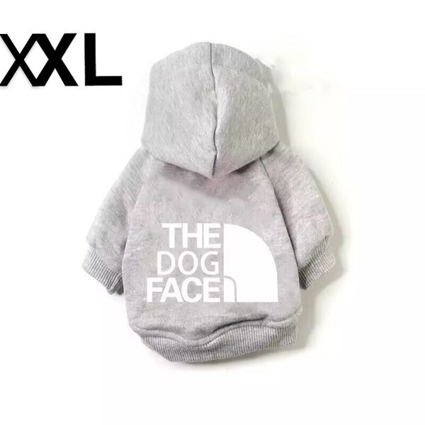 暖かい裏起毛♪ドッグフェイス犬服パーカーペット用洋服グレー XXLサイズ白文字!