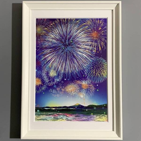 ■鈴木英人■「THE BLOOMING TIDE 2014」/A4マット額装品/スタンド付/富士山/花火/貴重イラスト/印刷物/インテリア G1955