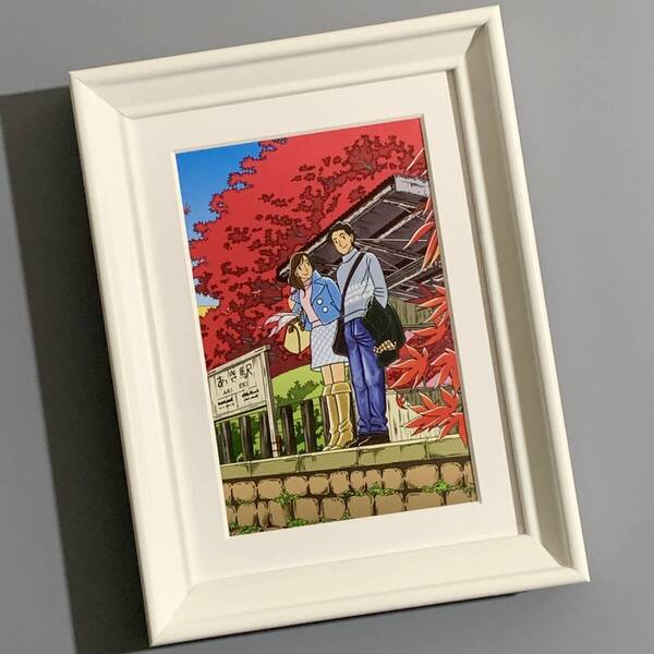 ■わたせせいぞう■「朱色に染まった時間(とき)」/2L額装品/スタンド付/紅葉/貴重イラスト/印刷物/インテリア G2015