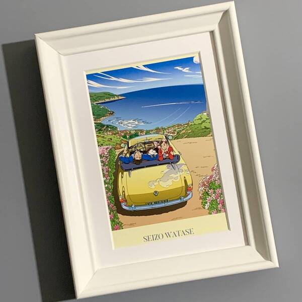 ■わたせせいぞう■「無題」/2L額装品/スタンド付/貴重イラスト/印刷物/インテリア G2016