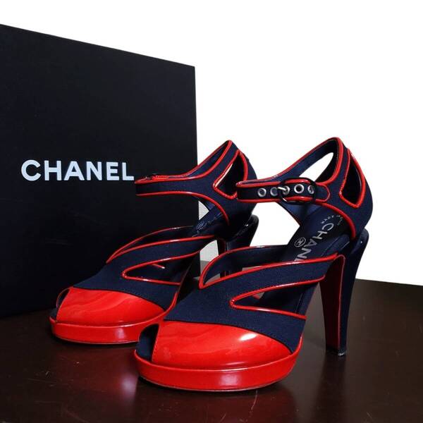 【未使用 箱】 CHANEL シャネル サンダル ハイヒール 34 220 225 ココマーク ネイビー レッド 付属品