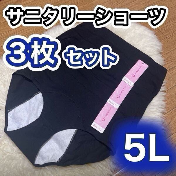 サニタリー ショーツ 3枚セット ブラック 黒 生理 5L XXXXL 産褥 生理 パンツ 防水 下着 レディース マタニティ パンツ 大きいサイズ