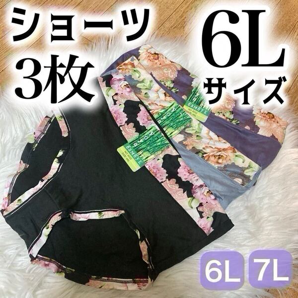 ショーツ 3枚セット 6L 花柄 コットン 綿 レディース 大きいサイズ まとめ売り ブラック 黒 パンツ グレー パープル 紫 ハイウエスト