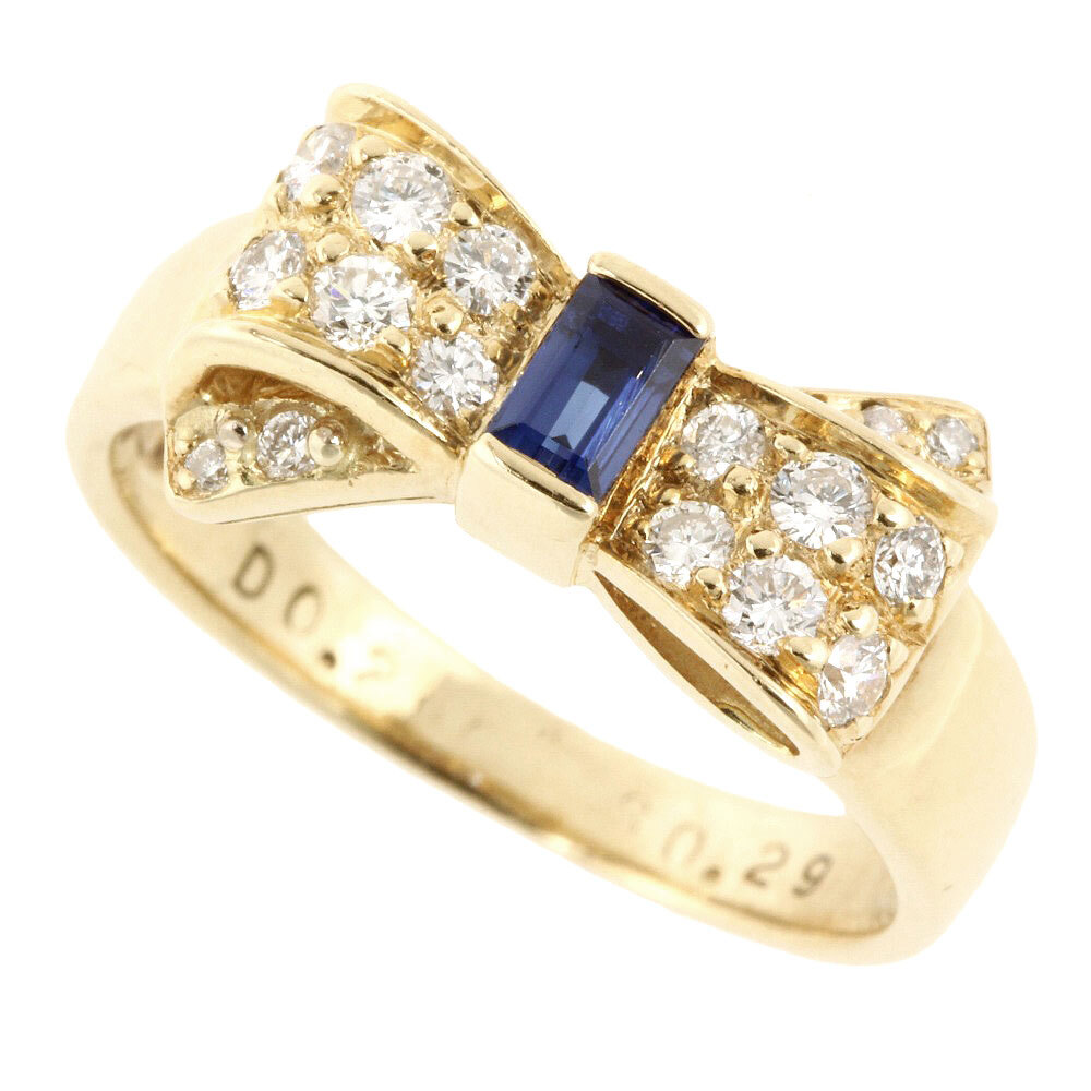 【本物保証】 超美品 リボン リング 指輪 K18YG サファイア0.29ct メレダイヤ0.28ct かわいい おしゃれ オシャレ ノーブランド No brand