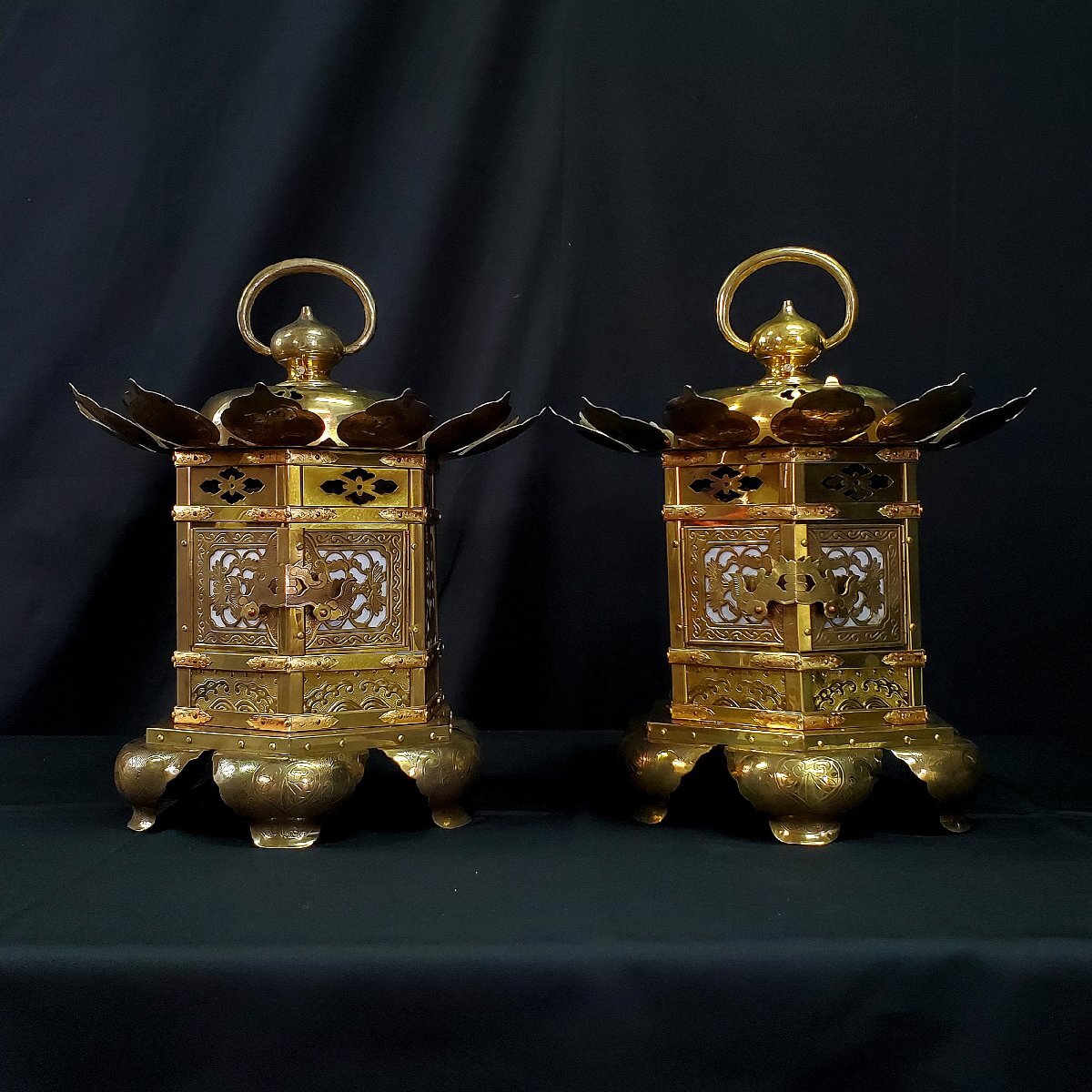 仏教美術 鍍金 銅製 吊り灯籠 一対 美品(K-A390)