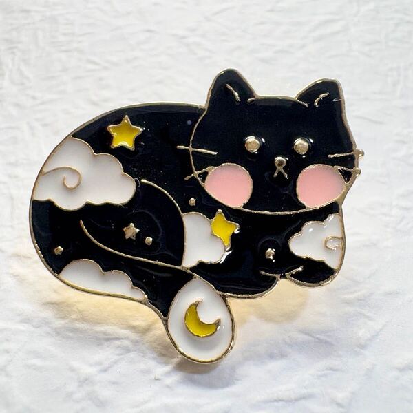 【ピンバッジ】星空の黒猫 ピンクほっぺ 夜空 かわいい ねこ にゃんこ