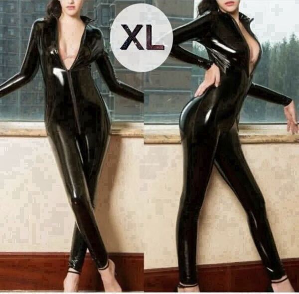 XL 光沢 ボディスーツ キャットスーツ セクシー レザー調 女王様 ボンテージ ブラック 黒 峰不二子 LL 全身タイツ ゼンタイ レースクィーン