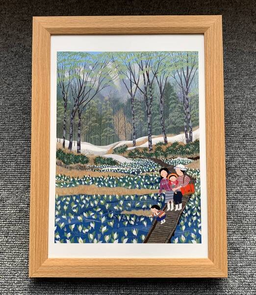 ■原田泰治『水バショウ 長野県上水内郡鬼無里村』B5サイズ 額入り 貴重イラスト 印刷物 ポスター風デザイン 額装品 アートフレーム