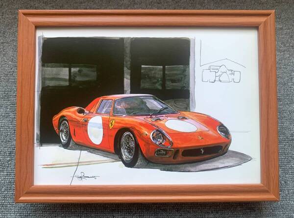 ■BOW。池田和弘『Ferrari 250LM』B5サイズ額入り 貴重イラスト 印刷物 ポスター風デザイン 額装品 アートフレーム 旧車