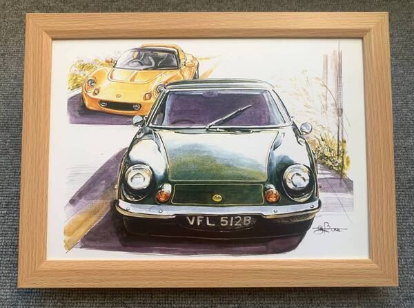 ■BOW。池田和弘『Lotus Europa Special』B5サイズ額入り 貴重イラスト 印刷物 ポスター風デザイン 額装品 アートフレーム 旧車