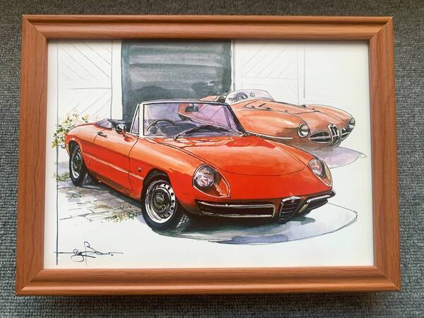 ■BOW。池田和弘『Alfa Romeo Spider』B5サイズ額入り 貴重イラスト 印刷物 ポスター風デザイン 額装品 アートフレーム 旧車
