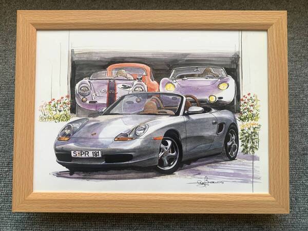 ■BOW。池田和弘『Porsche Boxster』B5サイズ額入り 貴重イラスト 印刷物 ポスター風デザイン 額装品 アートフレーム 旧車