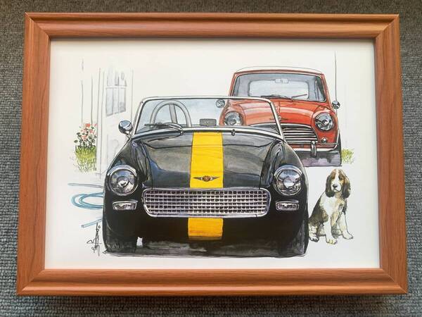 ■BOW。池田和弘『Austin-Healey Sprite Mk-Ⅱ』B5サイズ額入り 貴重イラスト 印刷物 ポスター風デザイン 額装品 アートフレーム 旧車