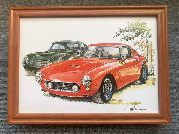 ■BOW。池田和弘『Ferrari 250GT SWB』B5サイズ額入り 貴重イラスト 印刷物 ポスター風デザイン 額装品 アートフレーム 旧車