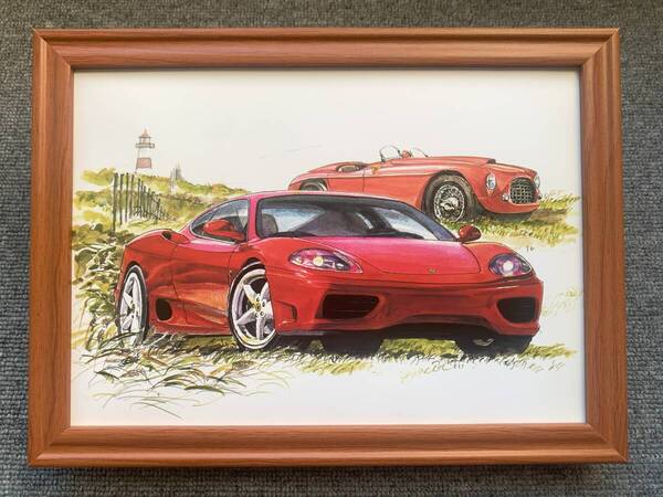 ■BOW。池田和弘『Ferrari360 Modena』B5サイズ額入り 貴重イラスト 印刷物 ポスター風デザイン 額装品 アートフレーム 旧車