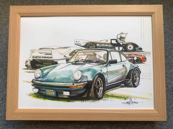 ■BOW。池田和弘『Porsche 930 Turbo』B5サイズ額入り 貴重イラスト 印刷物 ポスター風デザイン 額装品 アートフレーム 旧車