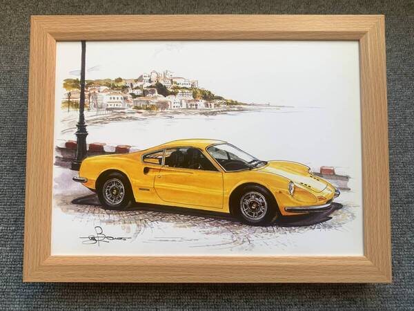 ■BOW。池田和弘『Ferrari Dino246GT』B5サイズ額入り 貴重イラスト 印刷物 ポスター風デザイン 額装品 アートフレーム 旧車