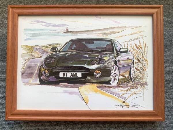 ■BOW。池田和弘『Aston Martin DB7 Vantage』B5サイズ額入り 貴重イラスト 印刷物 ポスター風デザイン 額装品 アートフレーム 旧車