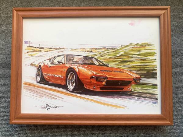 ■BOW。池田和弘『De Tomaso Pantera』B5サイズ額入り 貴重イラスト 印刷物 ポスター風デザイン 額装品 アートフレーム 旧車