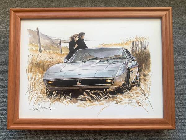 ■BOW。池田和弘『Maserati Ghibli』B5サイズ額入り 貴重イラスト 印刷物 ポスター風デザイン 額装品 アートフレーム 旧車