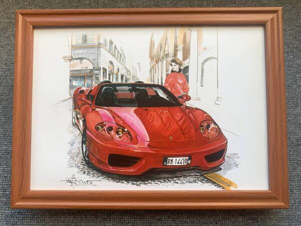 ■BOW。池田和弘『Ferrari360 Spider』B5サイズ額入り 貴重イラスト 印刷物 ポスター風デザイン 額装品 アートフレーム 旧車