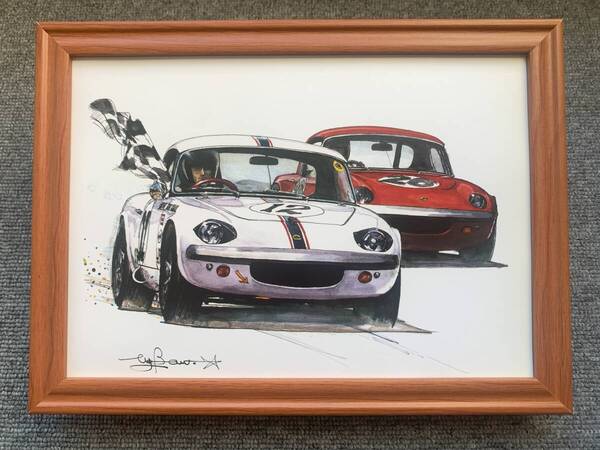 ■BOW。池田和弘『Lotus Elan 26R』B5サイズ額入り 貴重イラスト 印刷物 ポスター風デザイン 額装品 アートフレーム 旧車