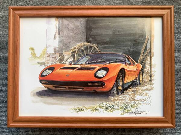 ■BOW。池田和弘『Lamborghini Miura』B5サイズ額入り 貴重イラスト 印刷物 ポスター風デザイン 額装品 アートフレーム 旧車