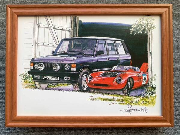 ■BOW。池田和弘『Range Rover』B5サイズ額入り 貴重イラスト 印刷物 ポスター風デザイン 額装品 アートフレーム 旧車