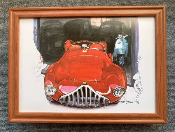 ■BOW。池田和弘『Stanguellini 1100 Sport』B5サイズ額入り 貴重イラスト 印刷物 ポスター風デザイン 額装品 アートフレーム 旧車