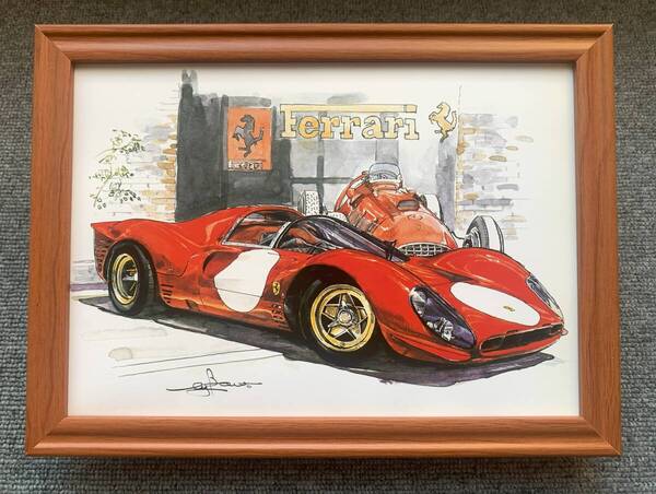 ■BOW。池田和弘『Ferrari 330 P4』B5サイズ額入り 貴重イラスト 印刷物 ポスター風デザイン 額装品 アートフレーム 旧車