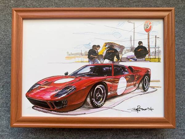 ■BOW。池田和弘『Ford GT40』B5サイズ額入り 貴重イラスト 印刷物 ポスター風デザイン 額装品 アートフレーム 旧車