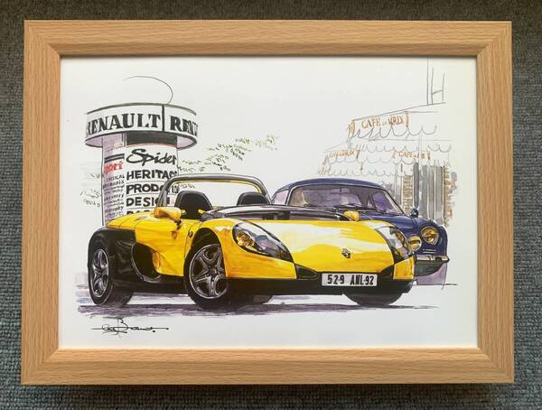 ■BOW。池田和弘『Renault Sport Spide』B5サイズ額入り 貴重イラスト 印刷物 ポスター風デザイン 額装品 アートフレーム 旧車