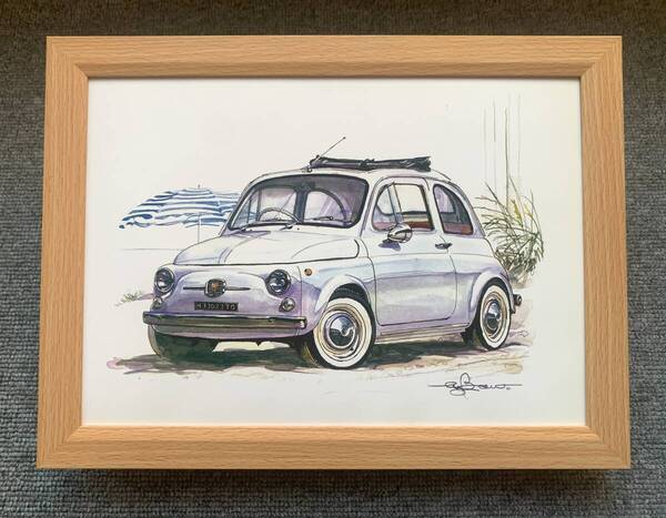 ■BOW。池田和弘『Fiat 500』B5サイズ額入り 貴重イラスト 印刷物 ポスター風デザイン 額装品 アートフレーム 旧車