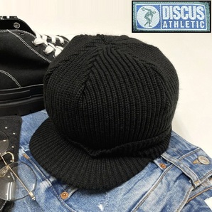 DISCUS ブラック ニットキャップ 帽子 スポーツ ゴルフ アウトドアキャンプ バイク 釣り オートバイ ネイビータグ アクリル生地 ディスカス