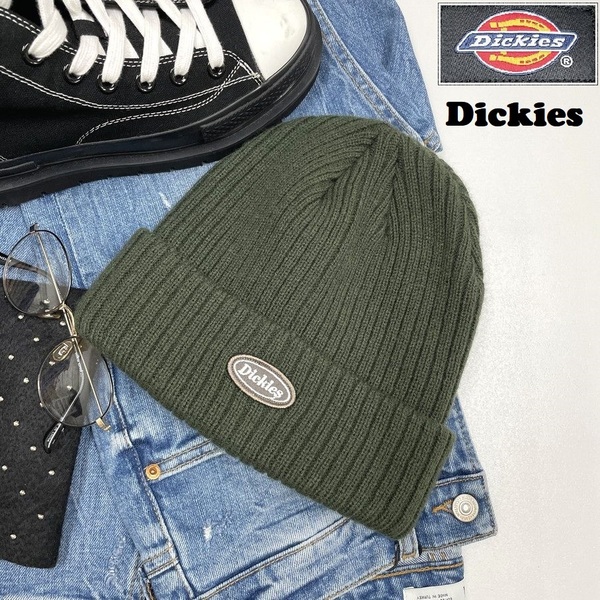 Dickies グリーン ニットキャップ 帽子 キャンプ ゴルフスポーツ バイク 釣り オートバイ 防寒 ブラウンワッペンホワイトロゴ ディッキーズ